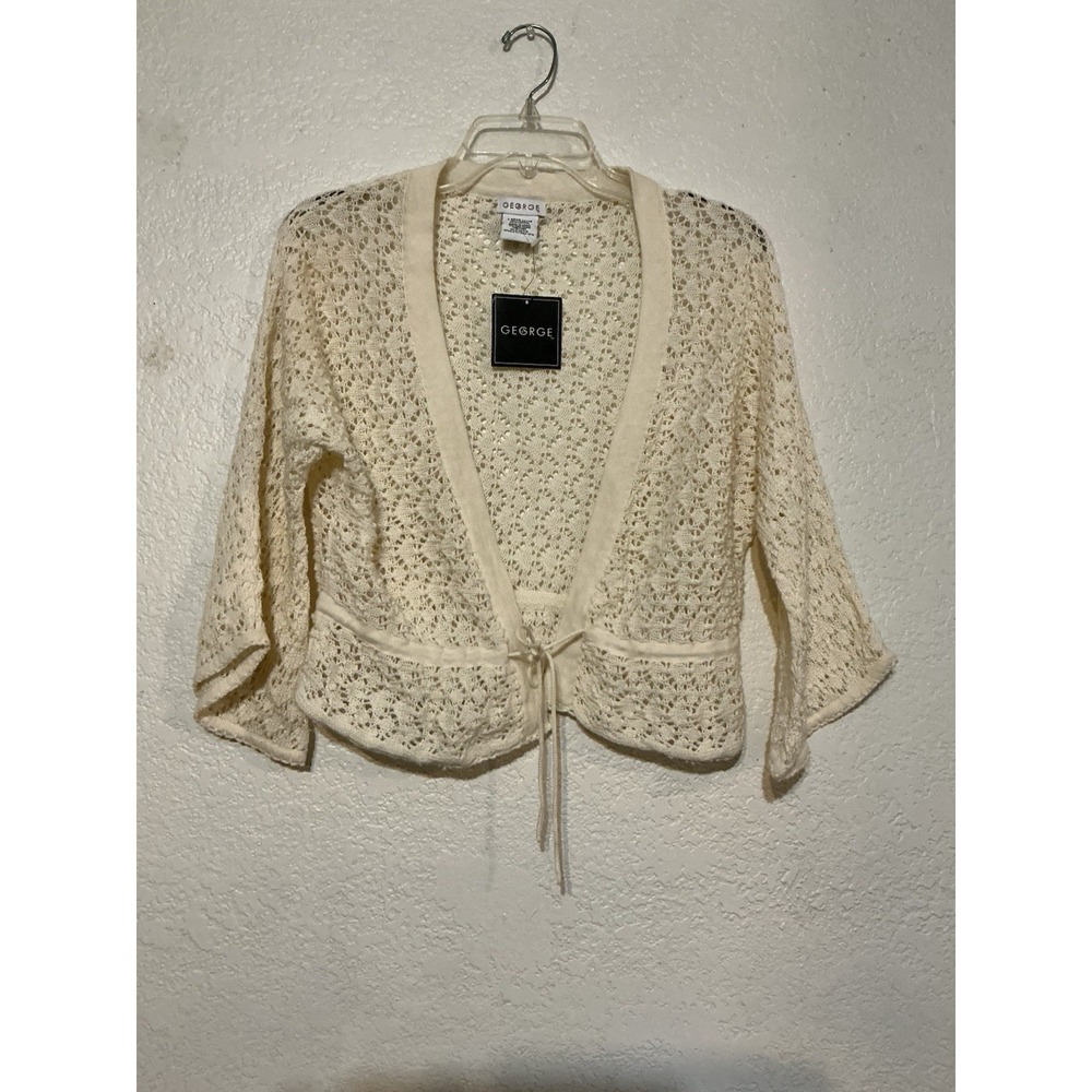 George Crochet Cardigan Women Large 12/14 Ivory Tie Front 90s Y2K NEW Cottage